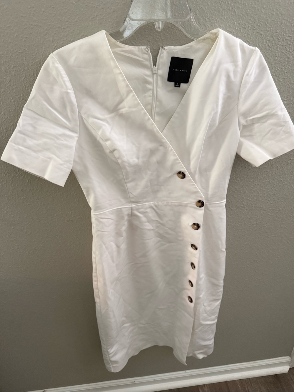 Alex Marie Cream Short Sleeve Faux-Wrap Dress with Asymmetric Button Detail